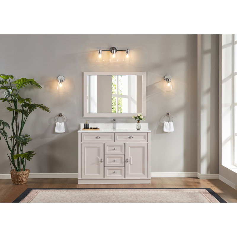 48" Solid Wood Sink Vanity  With 1' Artificial Stone Top, Dreamy White, Polished Chrome