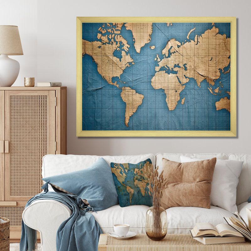 Ancienne carte du monde VII, reproduction d'art sur toile, H 24 po x l 32 po x P 1 po, Cadre doré à une seule photo