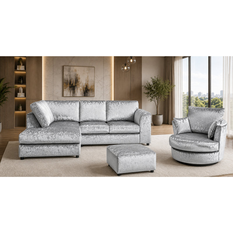 4 Seater Velvet Sofa & Chaise, Silver