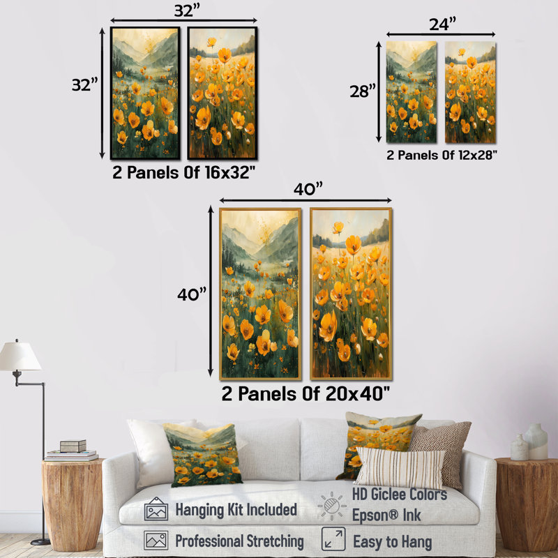 Ensemble de 2 pièces d'art jaune jaune et vert Sunlit Meadow III - boutons d'or, Toile tendue, H 28 po x l 24 po