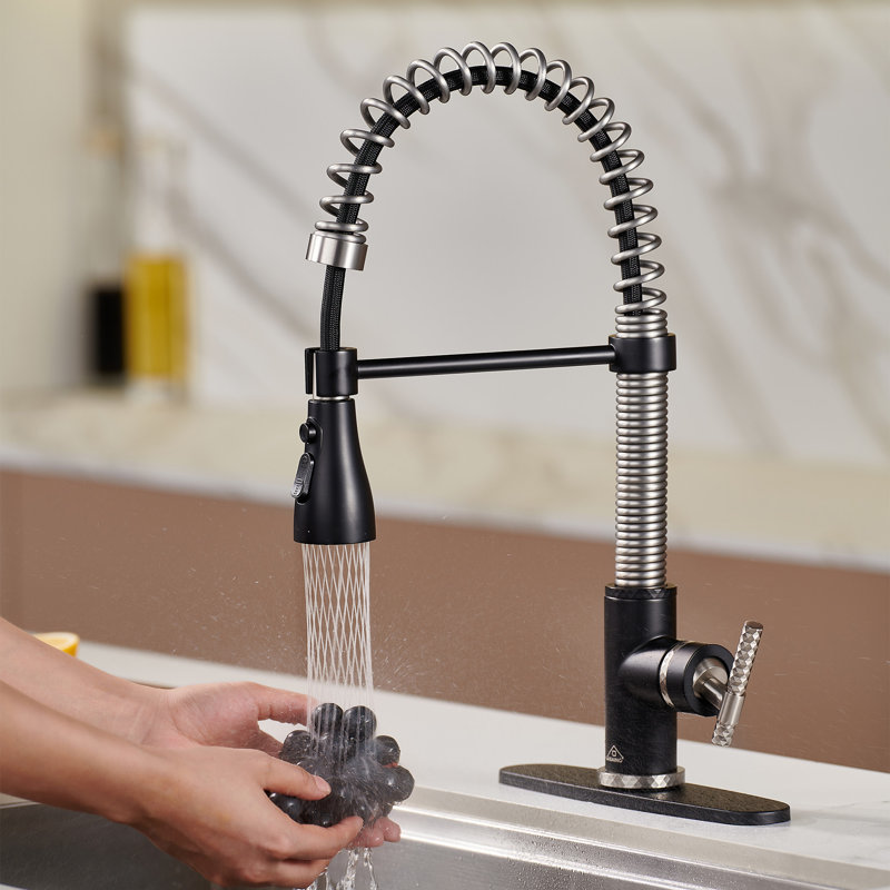 Bolden CASAINC 1.8 GPM Spring Neck Pull Down Kitchen Faucet with Deck Plate, Matte Black/Brushed Nickel