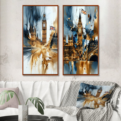 London Big Ben Glow On Gold I - Cityscapes Wall Art 2 Panels