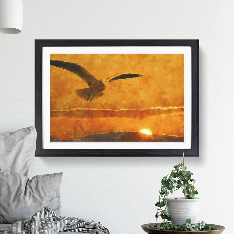 Seagull and Orange Sunset - Picture Frame Graphic Art, 36cm H x 48cm W x 2cm D, Black Framed
