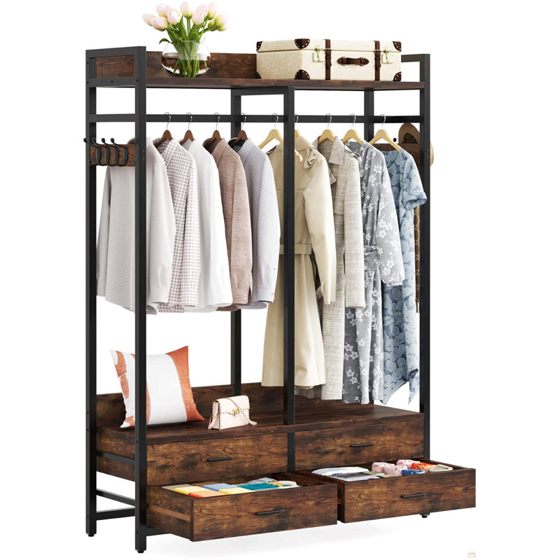 47.2" Rustic Brown Freestanding Closet Organizer, Heavy-Duty Garment Rack with 4 Drawers, 8 Hooks, Shelves, and Hanging Rod f