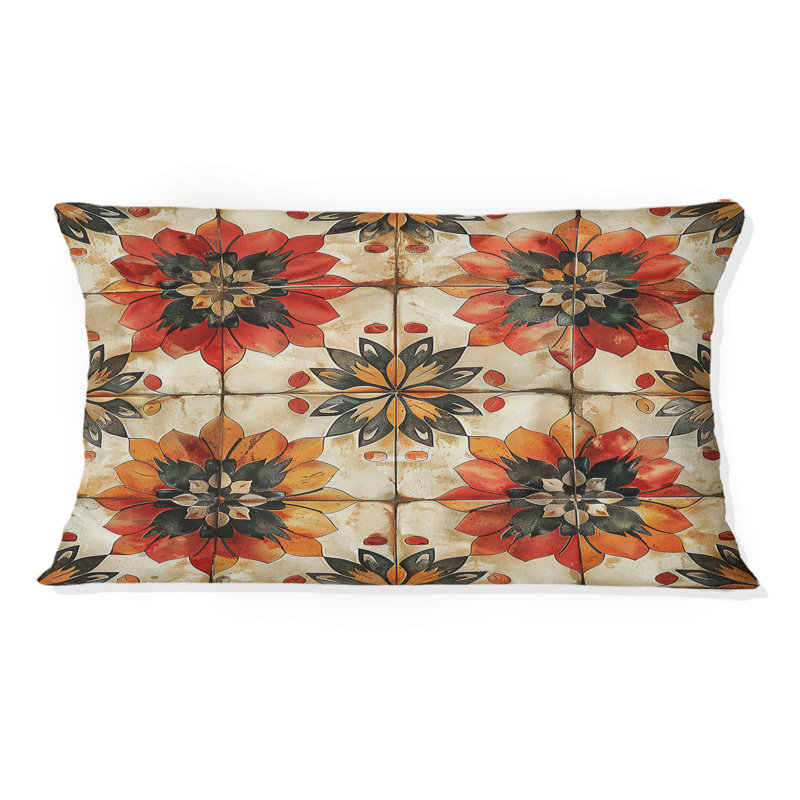 Coussin lombaire à motif de tuiles florales rouges et oranges II