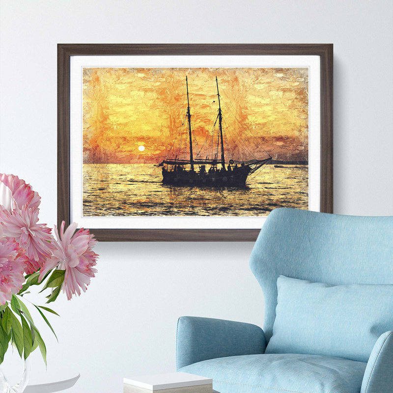 Ship at Sunset in Abstract - Picture Frame Painting Print, 35cm H x 50cm W x 2cm D, Walnut