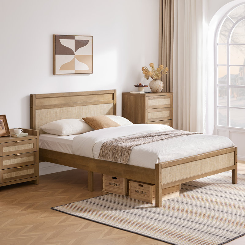 Boho Solid Wood Platform Bed Frame with Rattan Headboard and Footboard