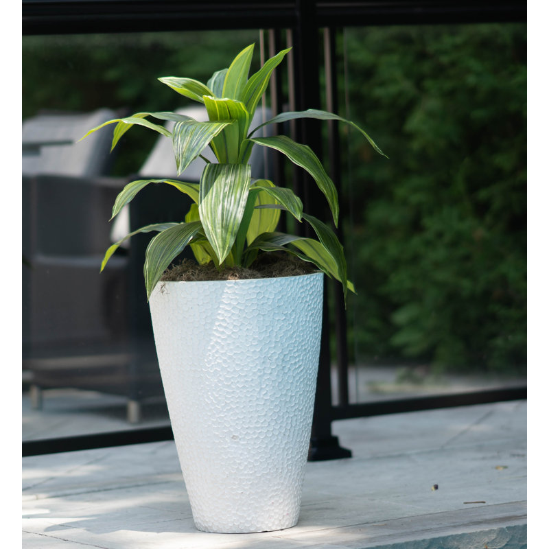 Weathered White Large Round Outdoor Planter with Hammered Texture