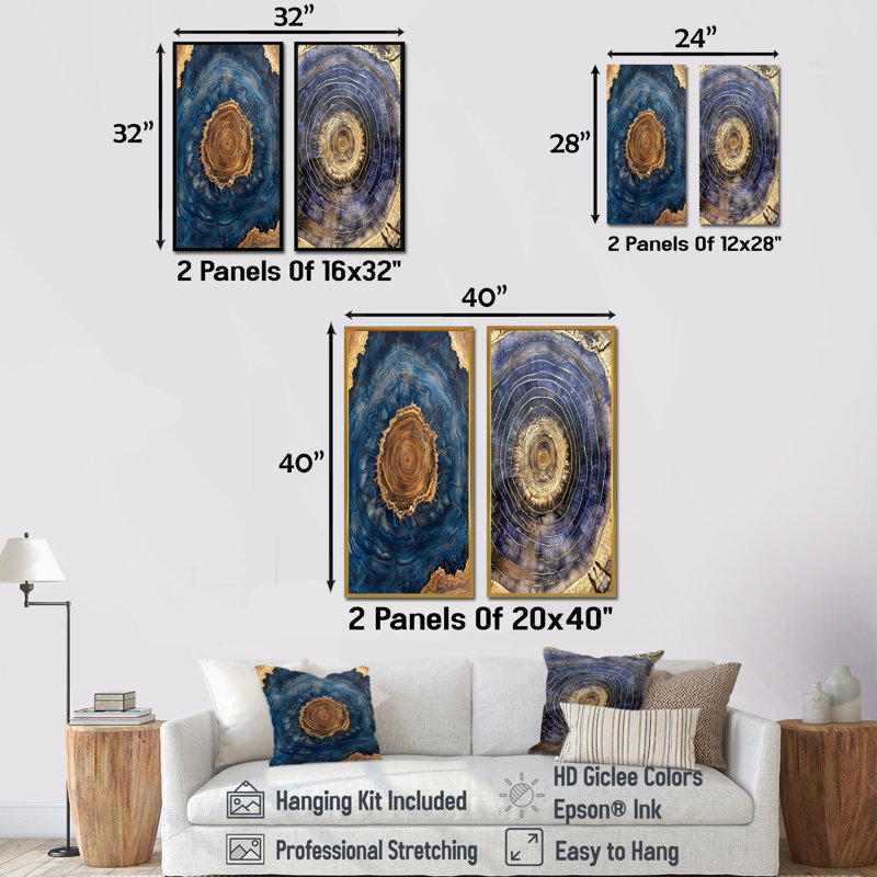 Géode aqua et glissade sur bois en spirale III - Collection d'art mural ferme 2 panneaux, H 40 po x l 41 po