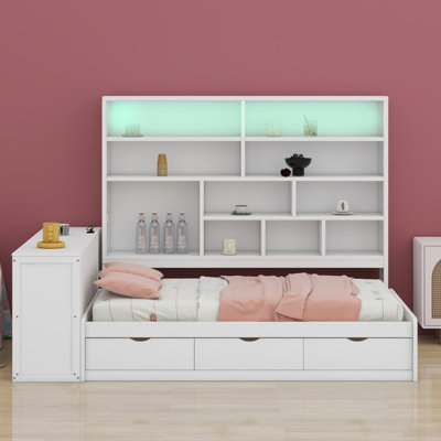Lit de jour en bois avec trois tiroirs, bureau, tablettes et lumières