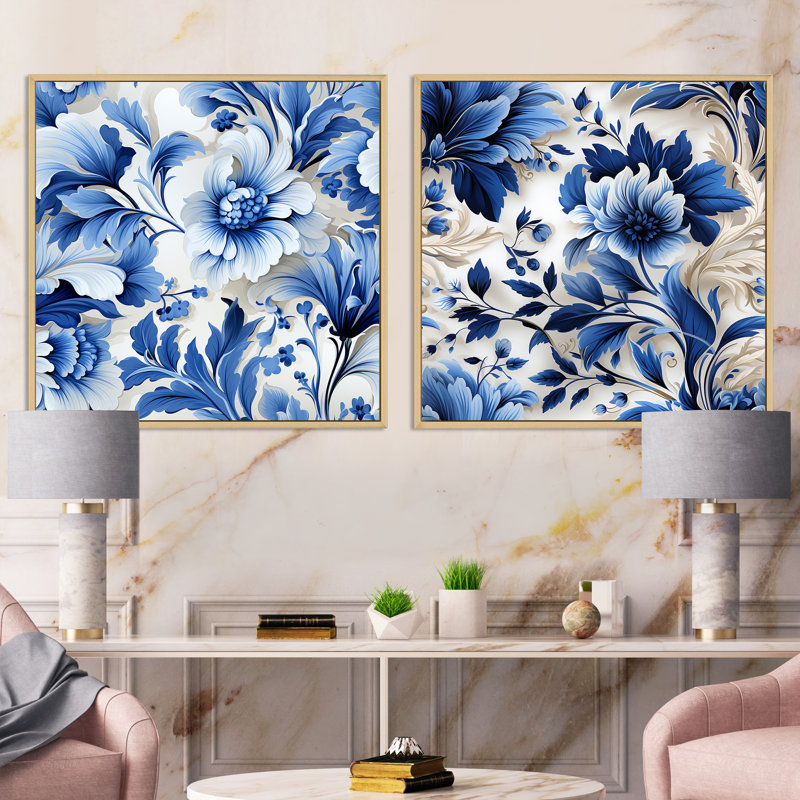 Motif victorien de feuilles d'acanthe bleu cobalt - ensemble de collage carré floral, Cadre flottant brun, H 30 po x l 61 po