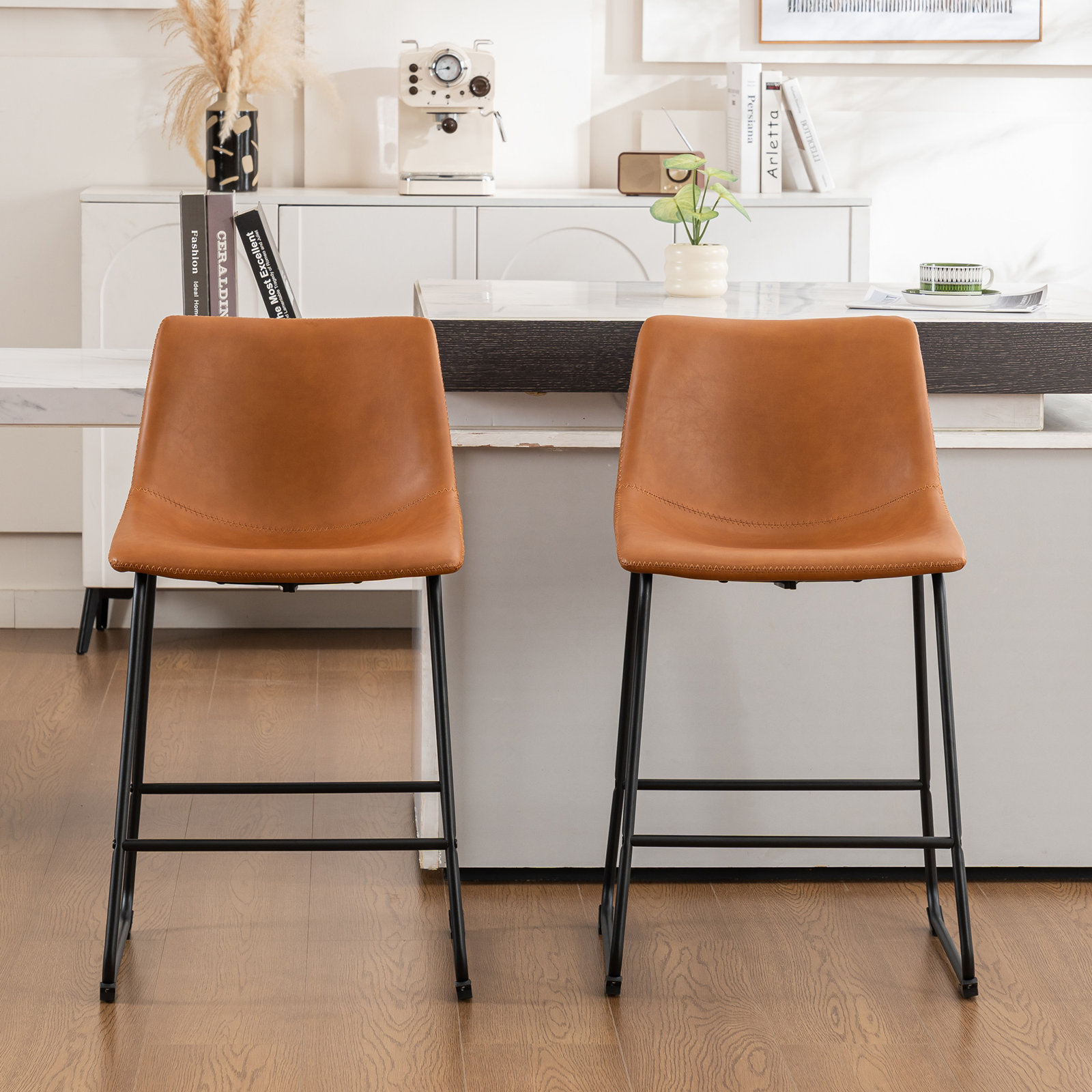 Anke Vegan Leather Armless (Set of 2), Brown, Counter Stool (24” Seat Height)