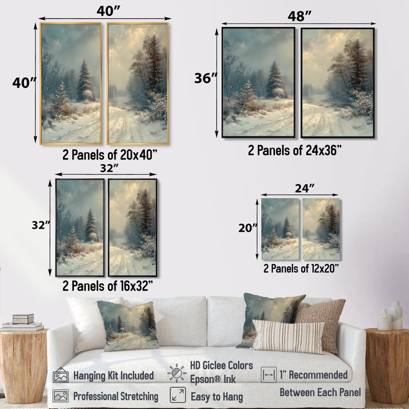 «White Winter Winter Road Into Forest III - Winter Landscape», impressions sur toile 2 pièces, H 32 po x l 32 po, Brun