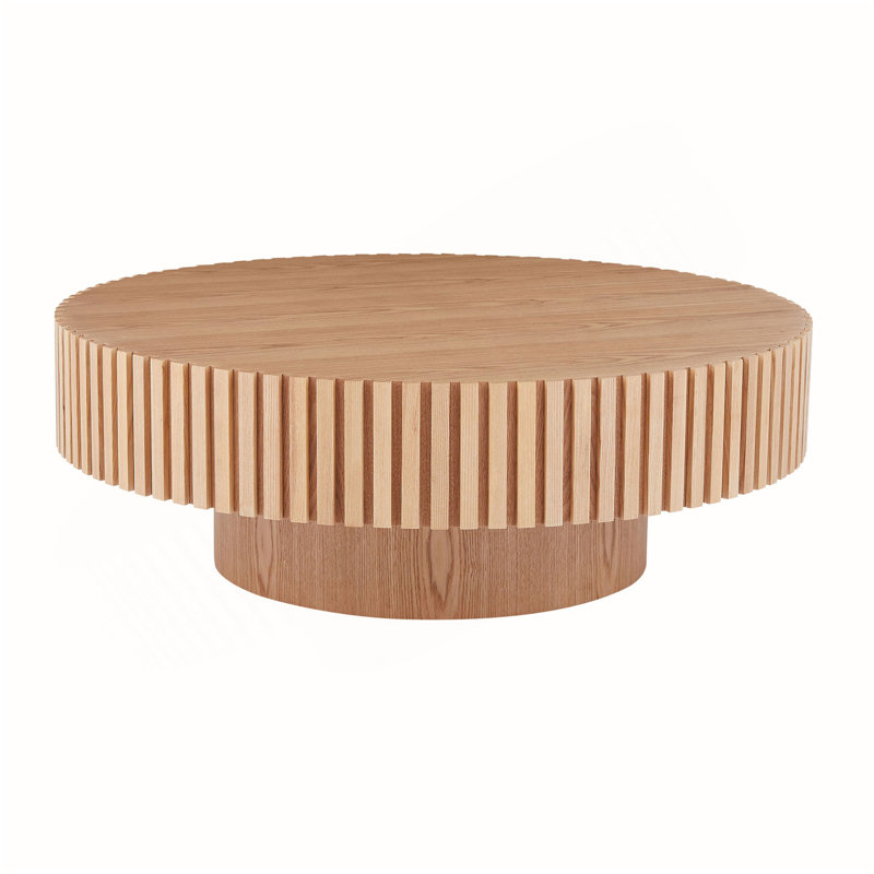 Table basse ronde en bois de 35,43 po pour le salon, table basse tambour artisanal moderne, table basse circulaire en bois pour petit espace.