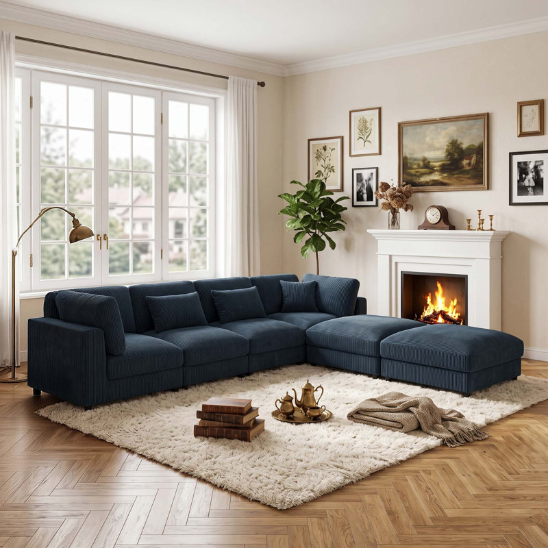 Canapé de coin modulaire en velours côtelé avec coussins décoratifs, Velours côtelé bleu foncé, H 33 po x l 144 po x P 72 po