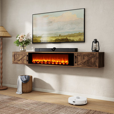 Floating TV Stand with 36" Electric Fireplace, Wall Mounted Fireplace Entertainment Center with Storage, Farmhouse Floating TV Shelf for TVs Up to 80"