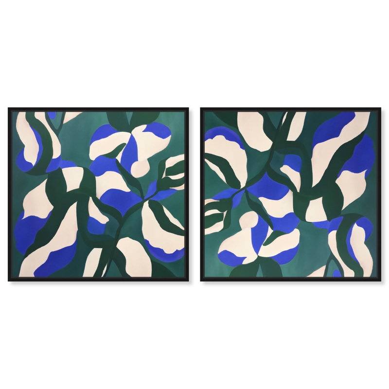 Ensemble floral sur toile, art contemporain par Art Remedy, H 13 po x l 13 po, Cadre flottant noir