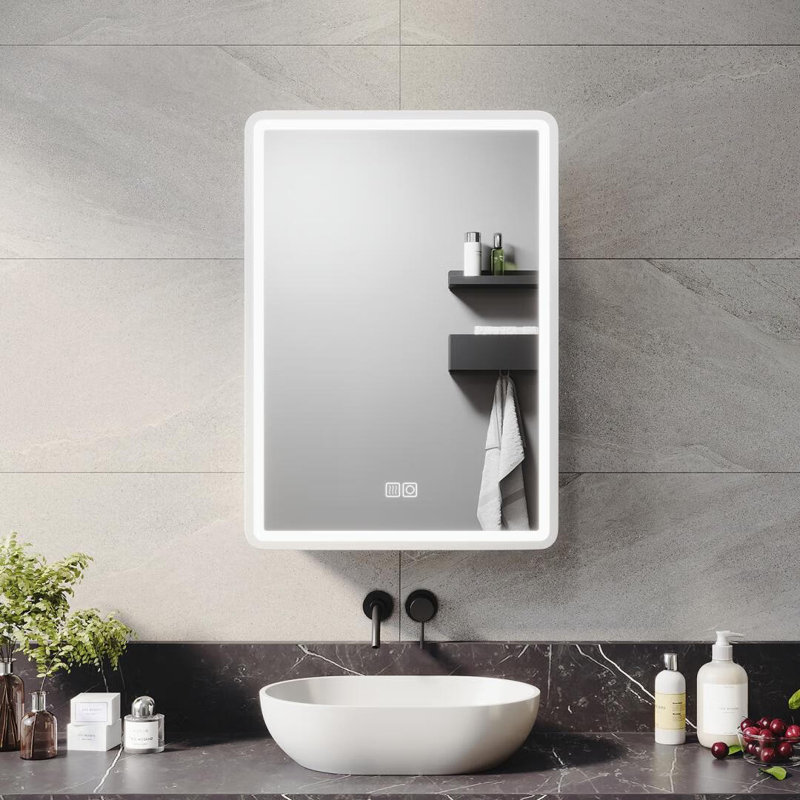 LED Medicine Cabinet Mirror with Shaver Socket, Anti-Fog Dimmable Light, Wall Mount Storage Cabinet, White