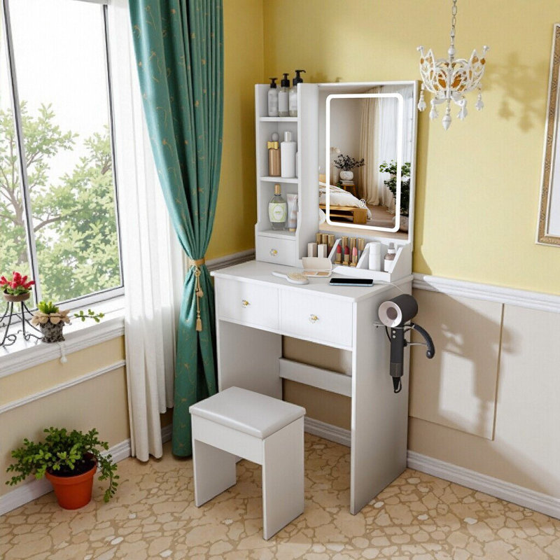 Petit bureau de meuble-lavabo avec 3 modes d'éclairage à DEL, 3 tiroirs et prise de courant, table de maquillage élégante