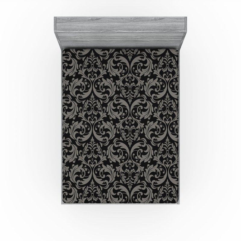 Ambesonne Nature Fitted Sheet Leaves Botanical Style Art, Charcoal Gray/Pale Gray Damask, California King Fitted Sheet
