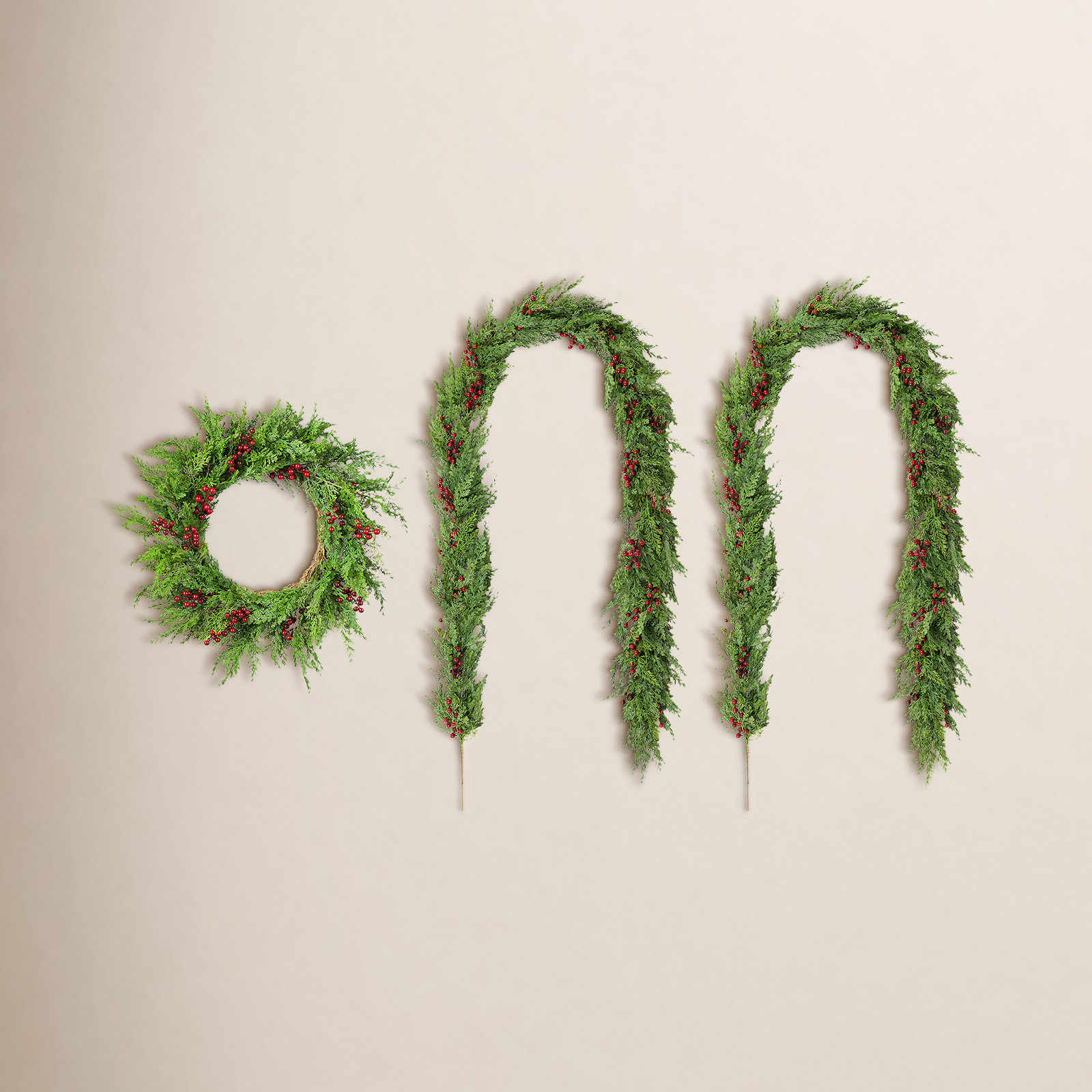 3-Piece 24"D Christmas Greenery PE Dripping Cedar Wreath And 9Ft Garland Set