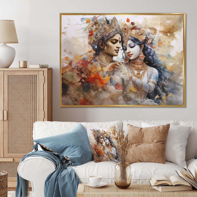 Hindouisme, aquarelle sèche, mariage divin de Radha Krishnas - impressions de l'hindouisme, Cadre flottant doré