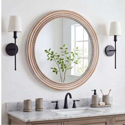 Rustic Farmhouse Round Wall Mirror, 31.5-Inch Antique White Wood Beaded Circle Mirror for Living Room, Bedroom, Entryway
