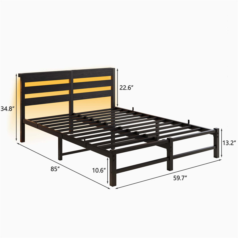 Queen Black Metal Bed Frame with Wooden Headboard and RGB Lights