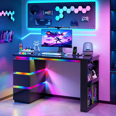 120cm W Computer Desk with RGB Led Lights and Power Socket, Gaming Desk with Shelves and Drawer