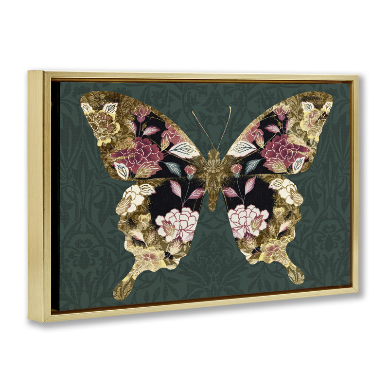 Toile flottante encadrée à motif de papillon rococo par Victoria Barnes, Cadre flottant métallique doré, H 21 po x l 31 po