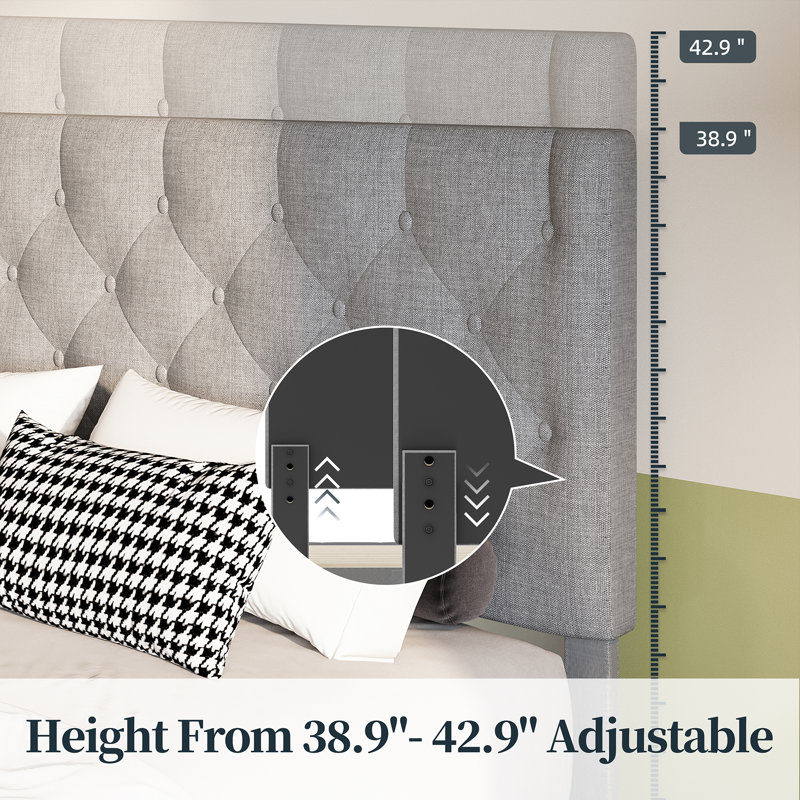 Grey Queen Upholstered Platform Bed with 4 Storage Drawers
