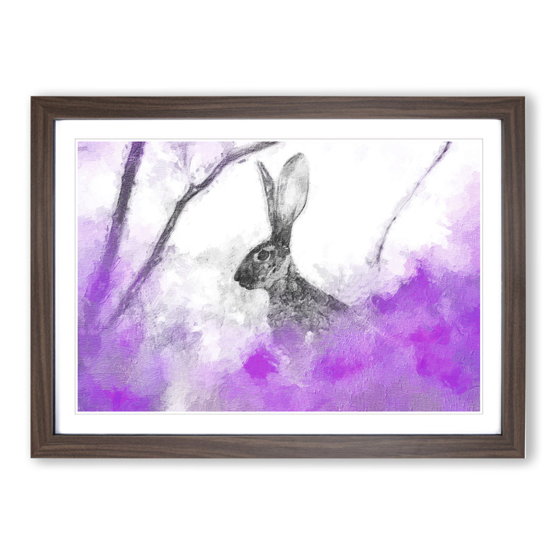 The Alert Hare in Pink - Picture Frame Painting, Walnut Framed, 27cm H x 36cm W x 2cm D