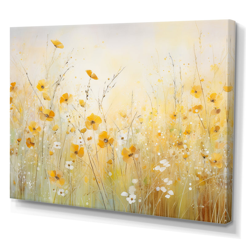 Fleurs de pavot jaunes en fleurs dans les prés - Décoration murale coquelicots, H 24 po x l 32 po x P 1 po, Toile tendue