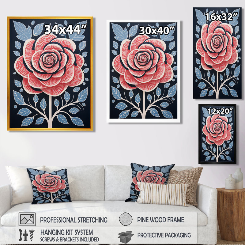 Rouge rouge, feuilles bleues, Illustration rétro - impression d'art mural rose, H 44 po x l 34 po x P 1,5 po