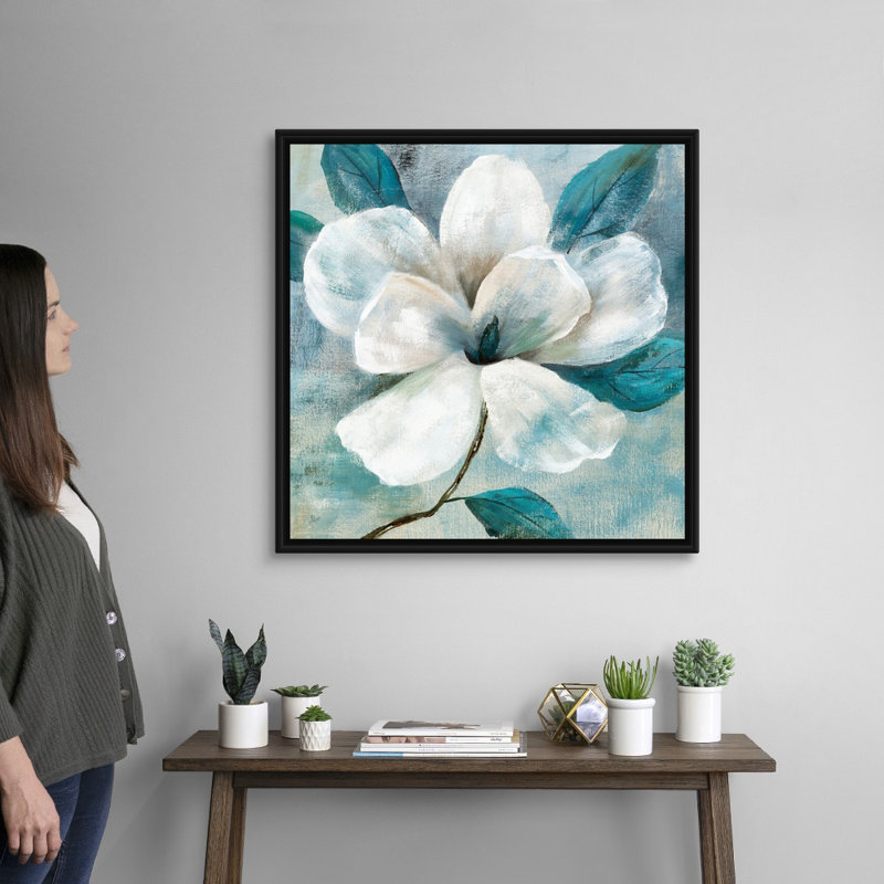 Art mural bleu sarcelle Magnolia I, Cadre noir, H 30 po x l 30 po x P 1,25 po