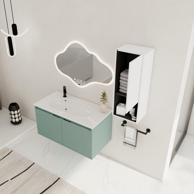 Meuble-lavabo flottant 36 po avec lavabo en résine en forme de goutte, armoire latérale et portes à fermeture douce, armoire combinée (emballage KD)