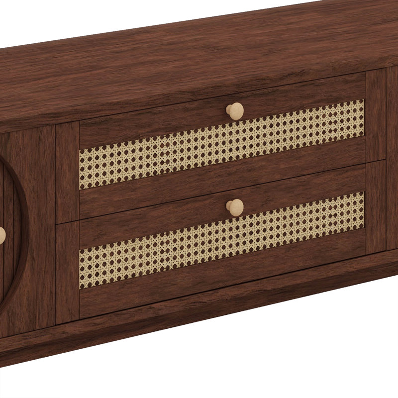 Rattan TV Stand For Tvs Up To 75", Entertainment Center With Solid Wood Legs, Natural Wood/Brown