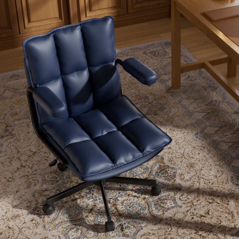 Blue Office Chair, Mid Century Modern Leather Desk Chair with Arms, Wheels, Thickend Back and Seat, Adjustable Height, Vintage Computer Chair for Home, Office