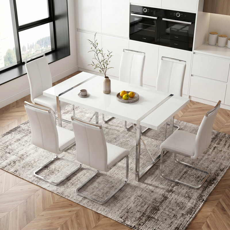 55" Medium Modern Rectangular Dining Table with Geometric Metal Legs, Silver