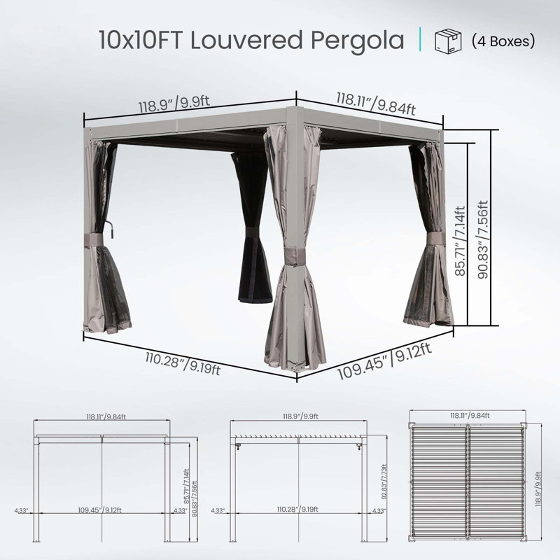 Pergola d'extérieur à persiennes avec persiennes réglables, H 90,83 po x l 118,9 po x P 118,11 po, Gris