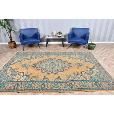 Tapis turc fait à la main avec un style Oushak rétro et un motif unique parfait pour rehausser le décor de votre salon avec une touche d'art anatolien