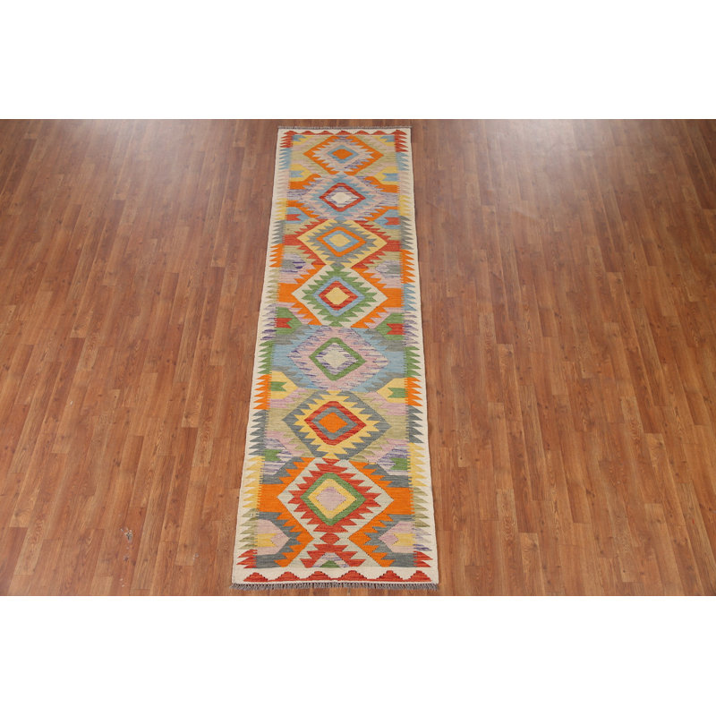 Tapis de couloir oriental multicolore en laine Kilim 3 x 10