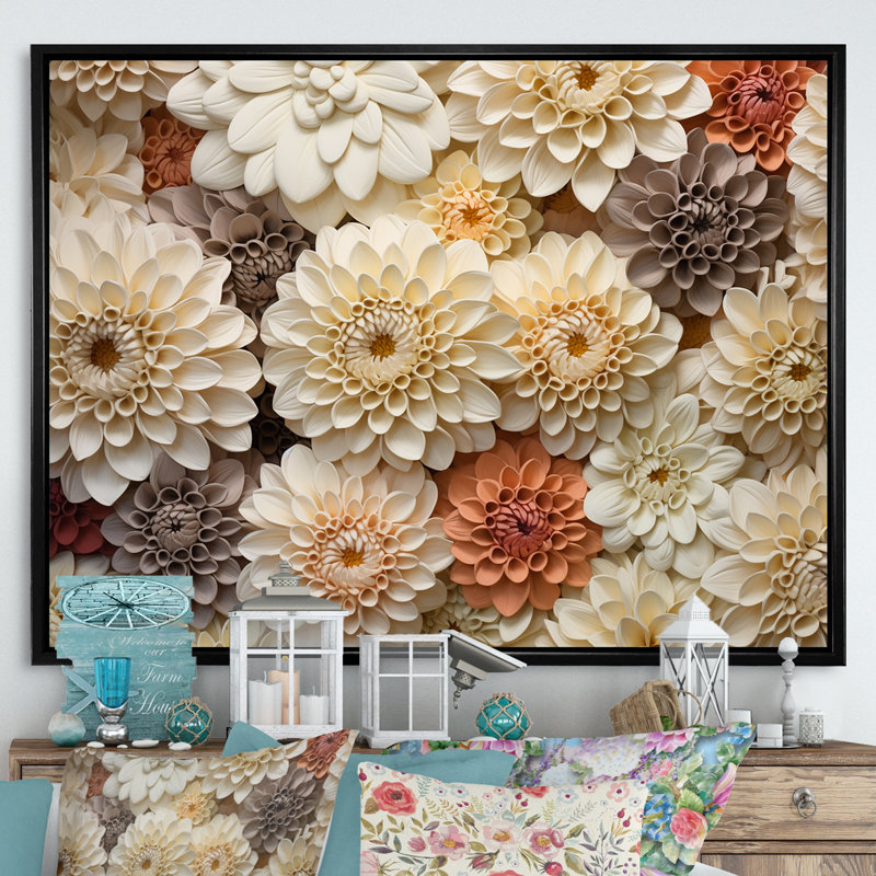 Minimalisme, fleurs de zinnias beiges sur toile, H 24 po x l 32 po x P 1 po, Cadre flottant noir