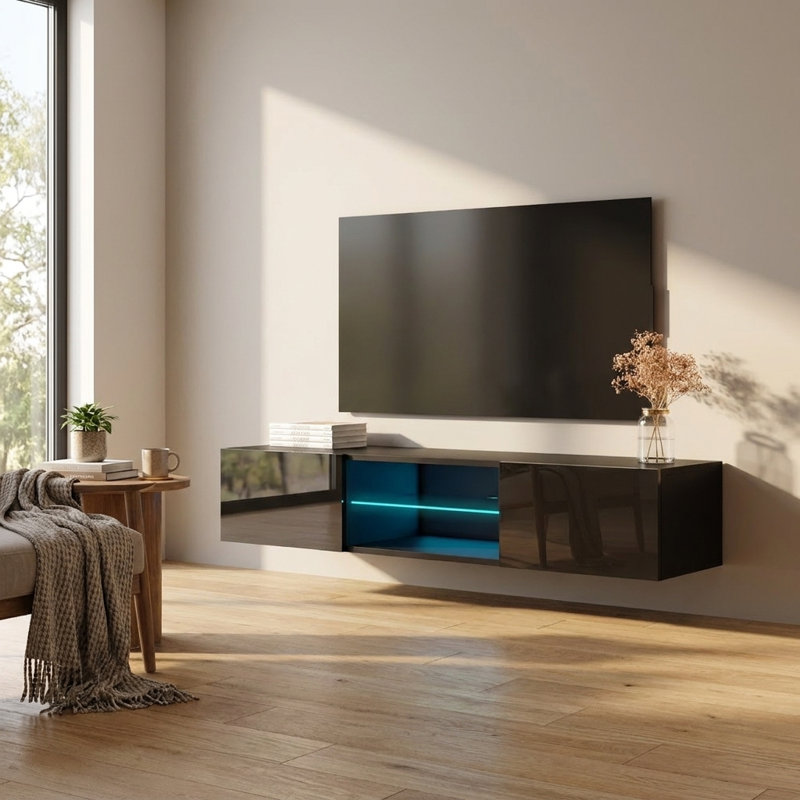 Meuble télé mural flottant avec éclairage DEL de 63 po Fly, Noir