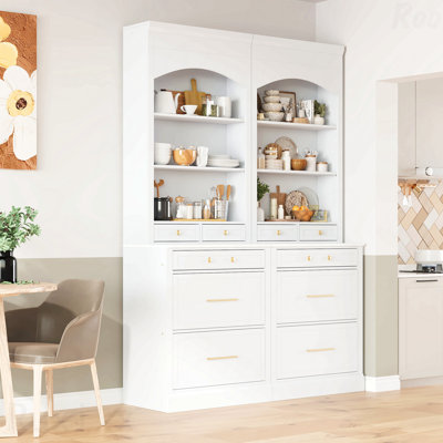 Garde-manger moderne haut de 83,7 pouces - grand bahut autoportant, plateau en faux marbre, 5 tiroirs, tablette réglable, blanc, ensemble de 2