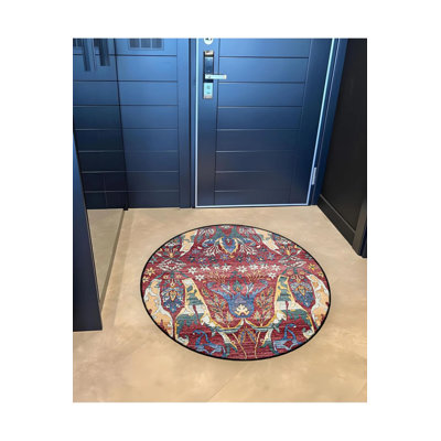 Burdy Theme Floral Traditional Patterned Round Woven Base Vintage Decorative Carpet