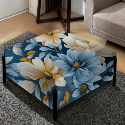 Grand repose-pieds carré jaune et bleu à motif de fleurs I