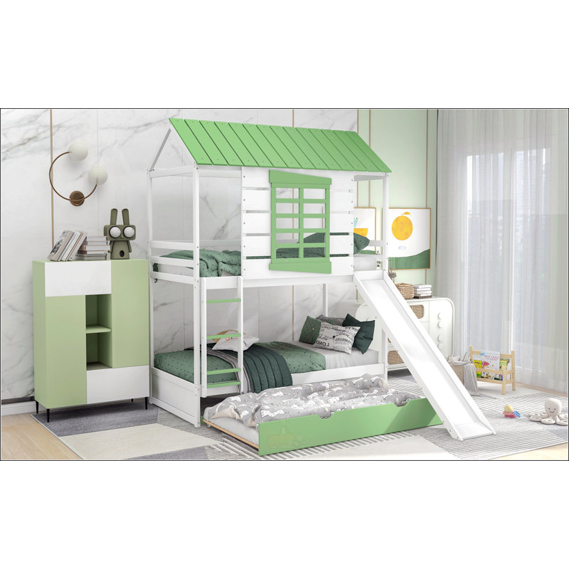Lit superposé simple au-dessus d'un lit simple avec glissière convertible, lit gigogne et maison pour enfants, blanc et vert