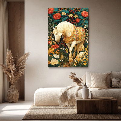 Ornate Robe White Horse Floral Canvas Art Ready to Hang - Elegant Living Room