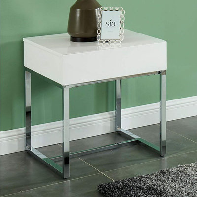 Kiro Table de bout rectangulaire blanche en bois avec tiroirs à profil bas et structure en métal